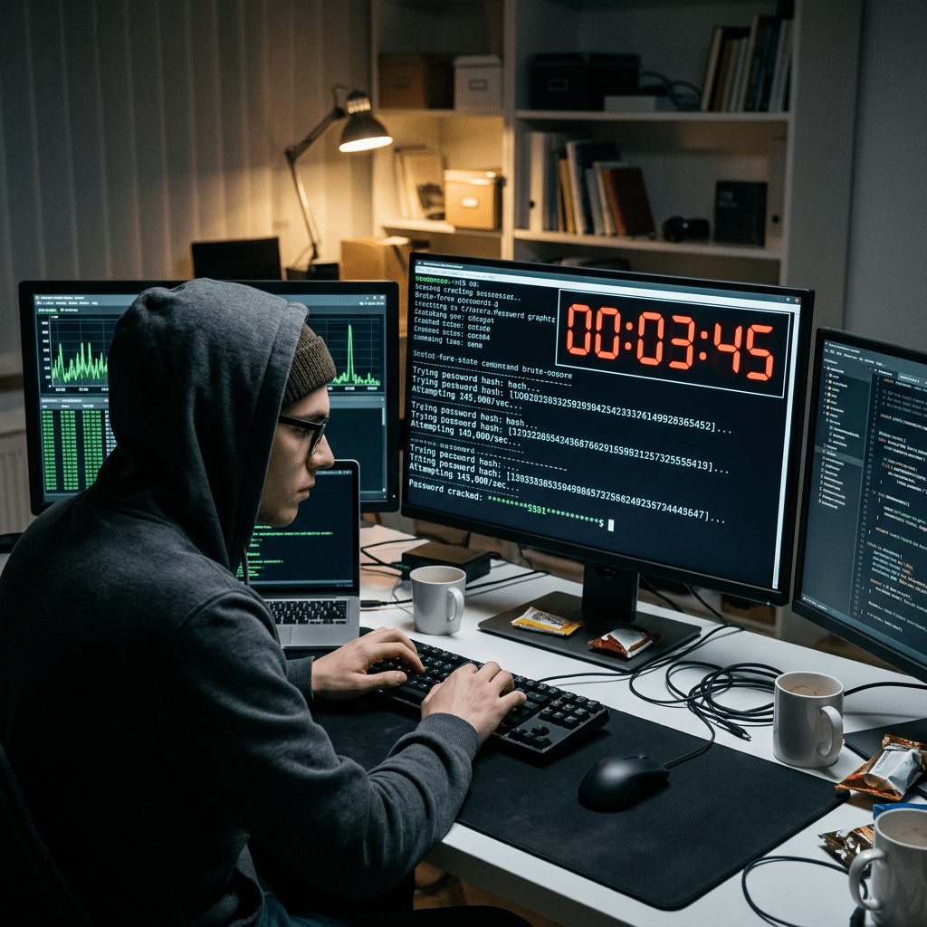 Person in hoodie and glasses typing on keyboard with password cracking code and countdown timer on screens