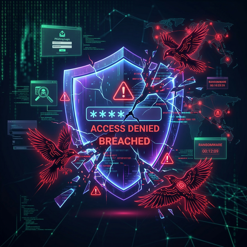 Glowing shield with access denied breached message surrounded by red digital birds, phishing login, ransomware alerts, and data code.