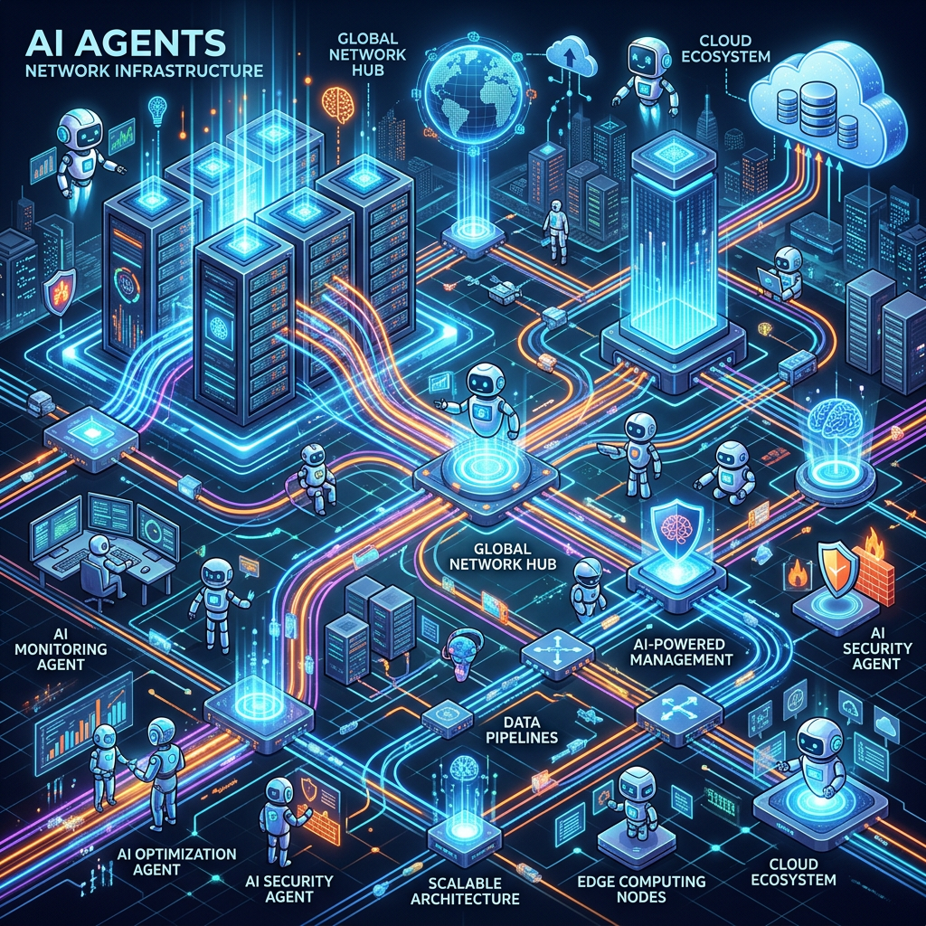 Network infrastructure with AI agents connected to cloud ecosystem, security, data pipelines, and edge computing nodes