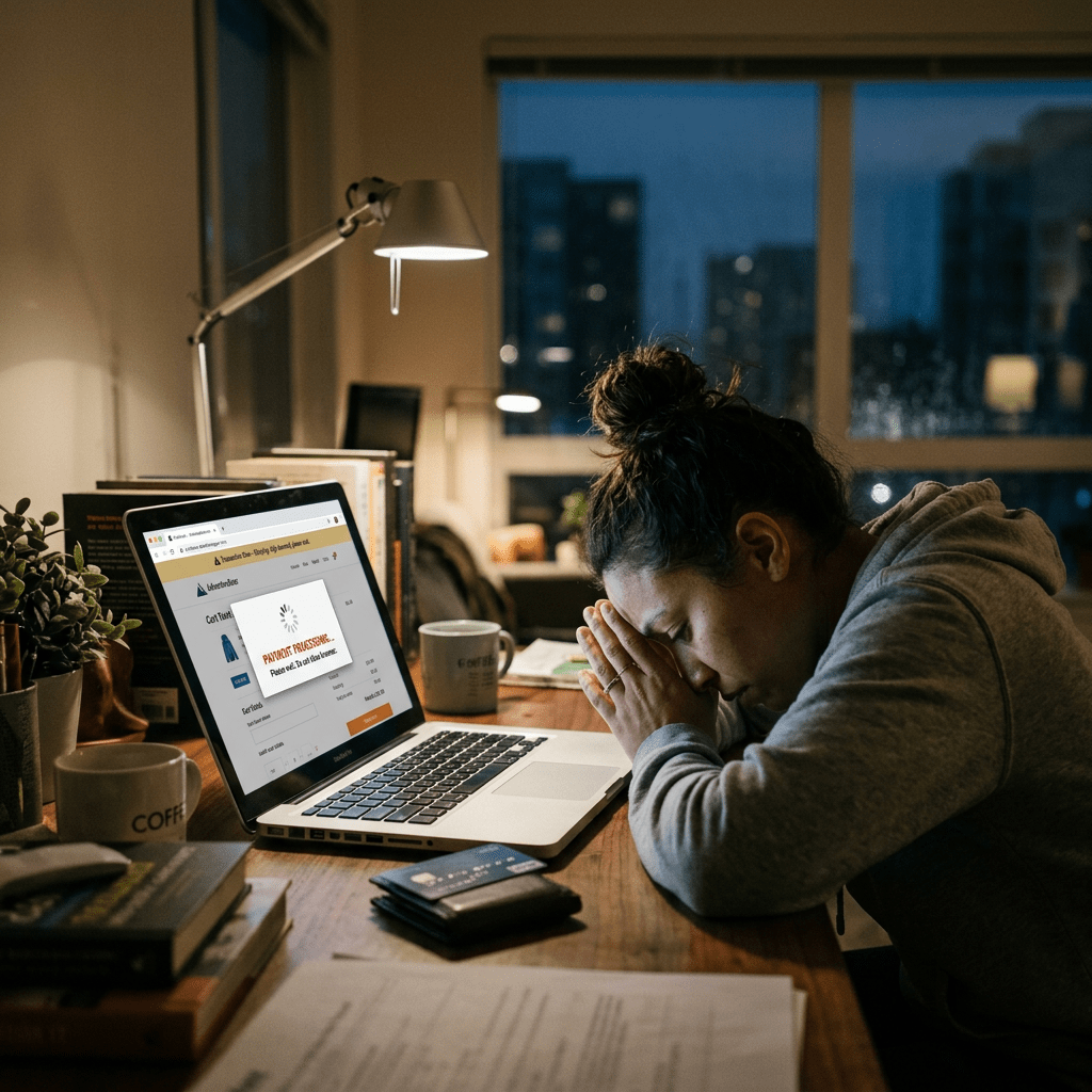 Person with head in hands at laptop showing online payment failure message
