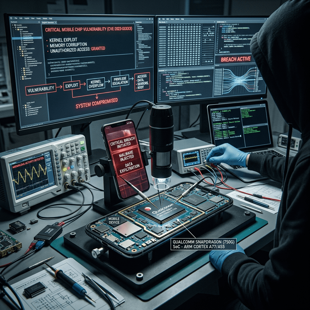 Technician working on Qualcomm Snapdragon chip vulnerability with diagnostic instruments and computer screens showing breach alerts