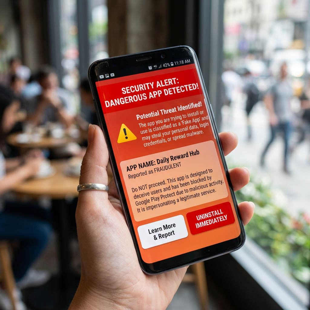 Smartphone displaying a security alert about a fraudulent app called Daily Reward Hub