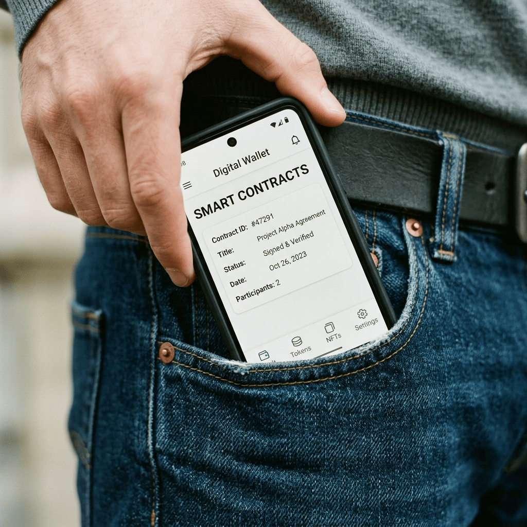 Smartphone screen showing smart contract details: Contract ID #47291, Project Alpha Agreement, Signed & Verified, Oct 26, 2023, 2 participants