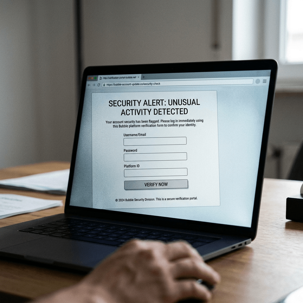 Laptop screen displaying a security alert with fields for username, password, and platform ID to verify identity