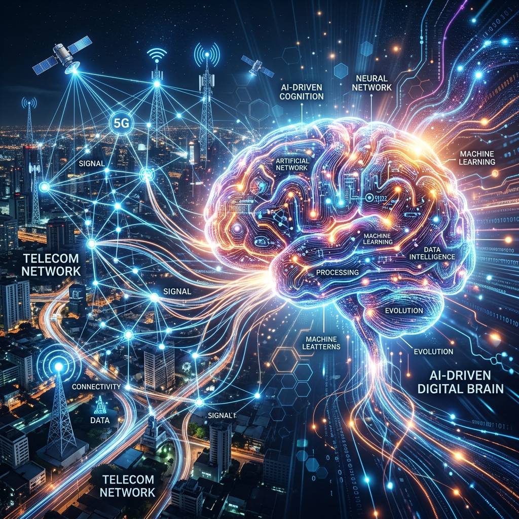 Digital brain connected to 5G telecom network towers with signals illustrating AI cognition and machine learning