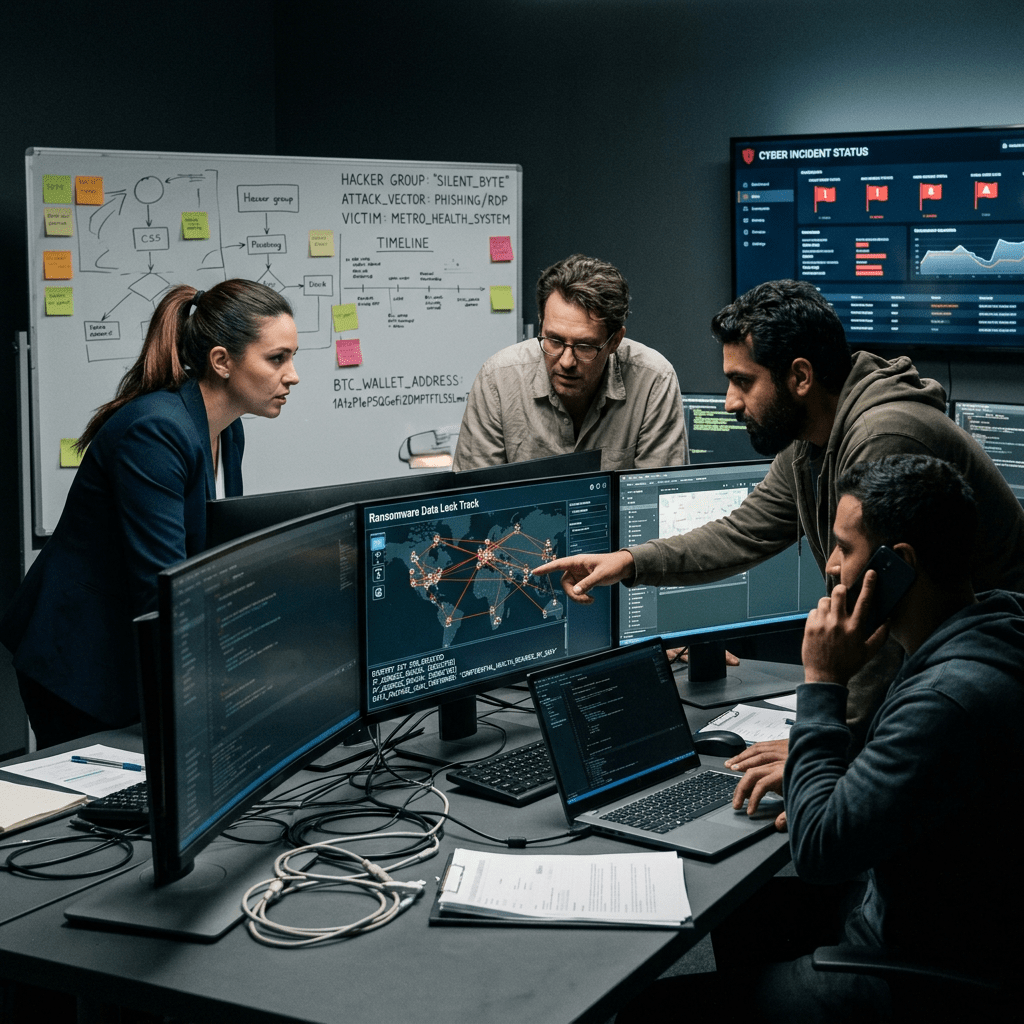 Four cybersecurity professionals analyzing ransomware data and cyber incident status on monitors