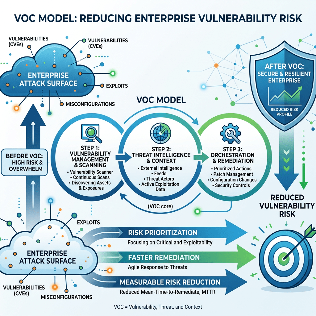 Diagram showing VOC model steps to reduce enterprise vulnerability risk