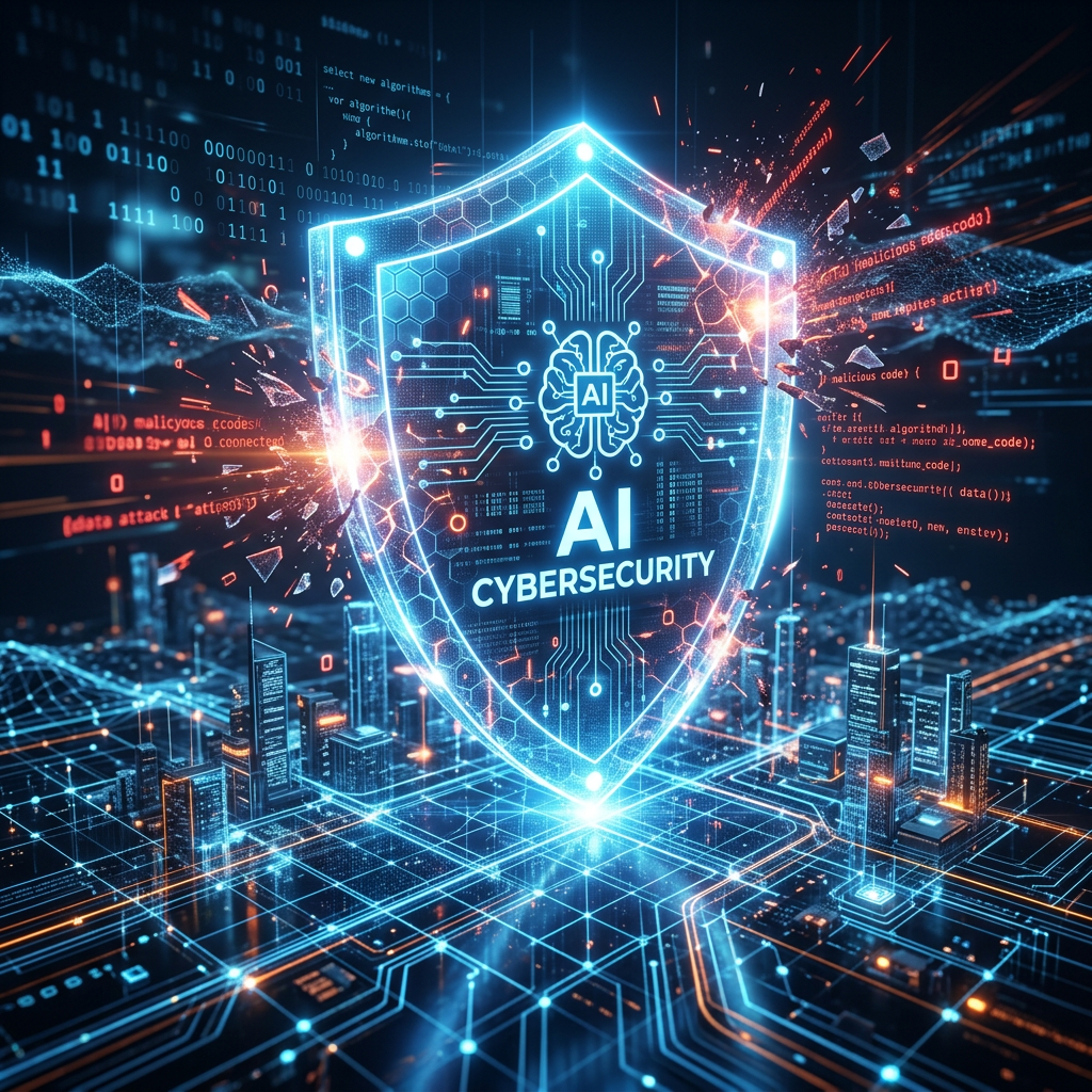 AI cybersecurity concept with digital shield