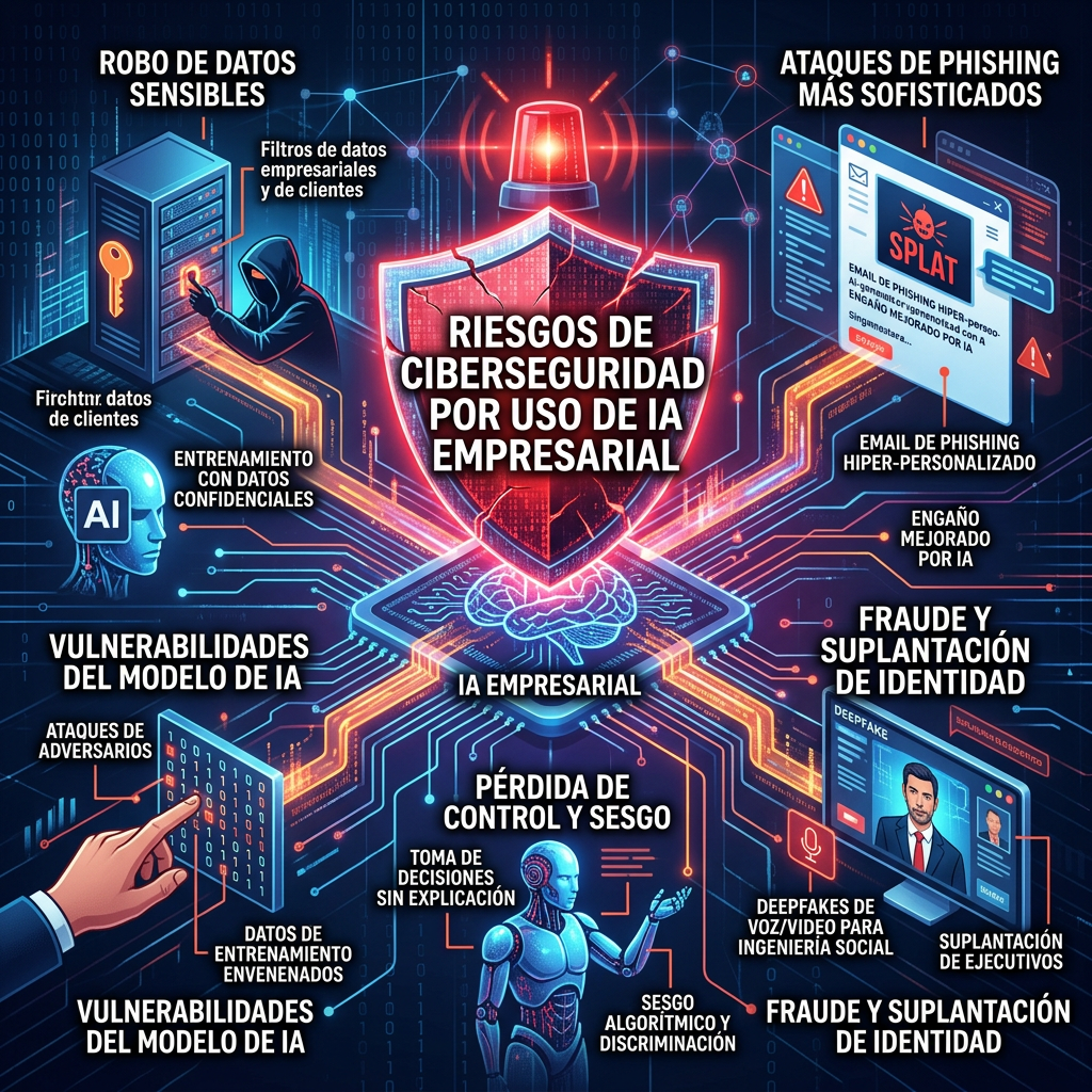 Diagram showing cybersecurity risks from using AI in business including data theft, phishing attacks, model vulnerabilities, bias, and identity fraud.