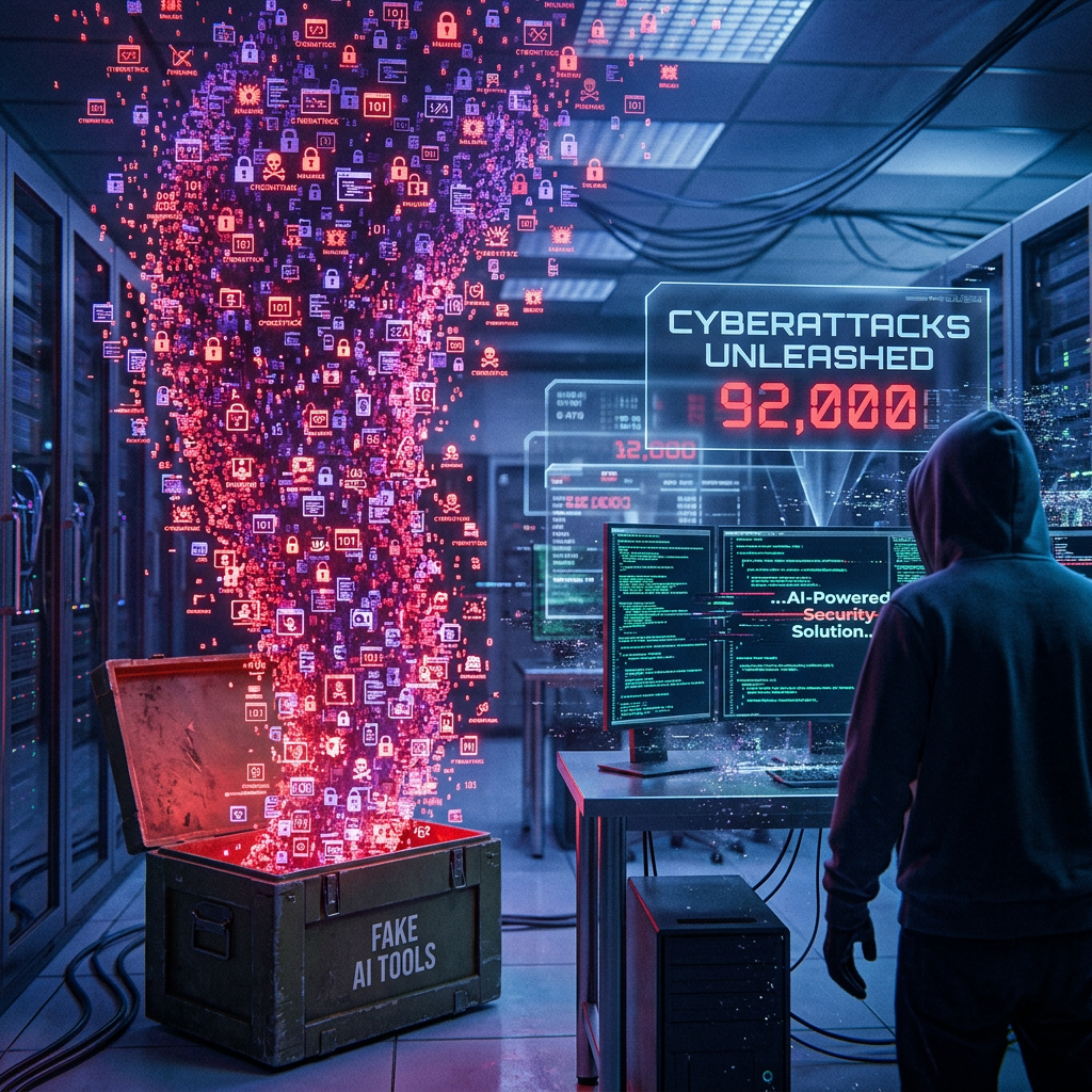 Hooded person in server room with digital displays showing AI-powered cyberattacks and a box labeled 'FAKE AI TOOLS' emitting virtual icons