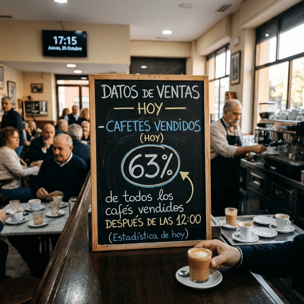 Chalkboard displaying coffee sales data: 63% of coffees sold after 12:00 today