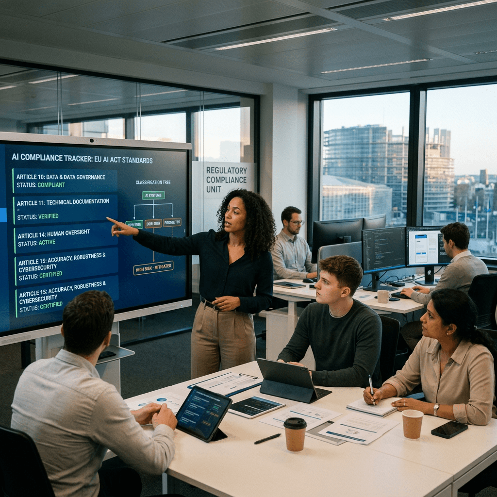 Team meeting reviewing AI compliance tracker with EU AI Act standards on screen