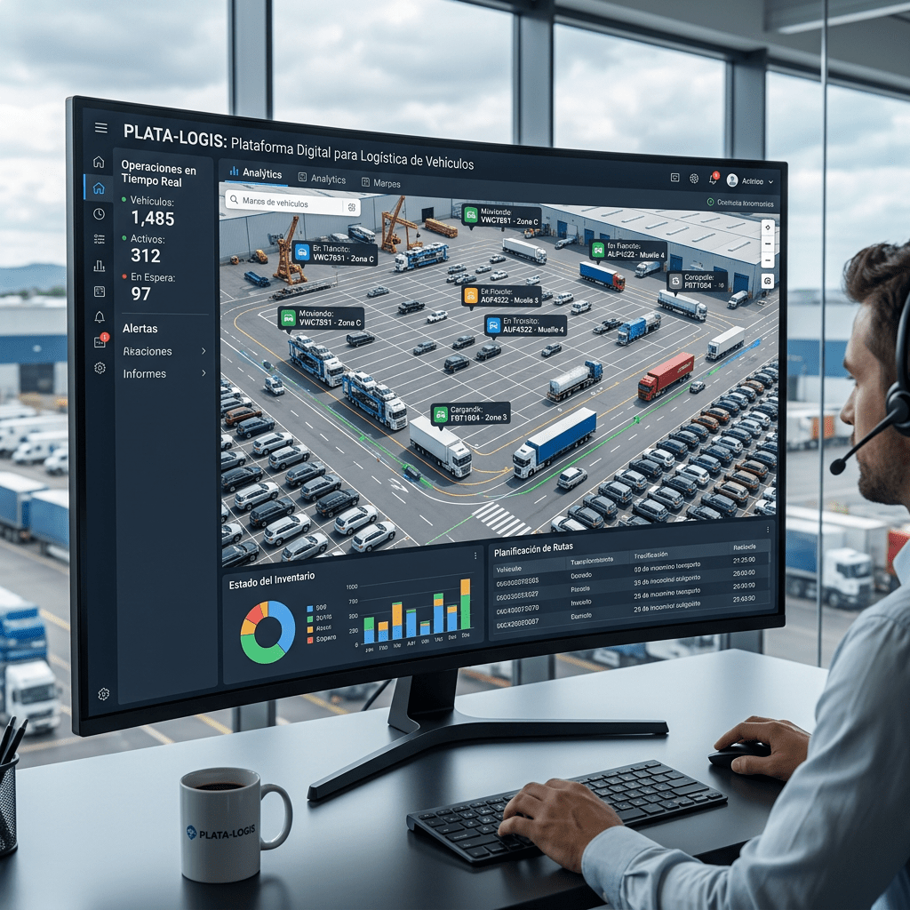 Logistics software dashboard showing vehicle tracking, inventory status, and route planning