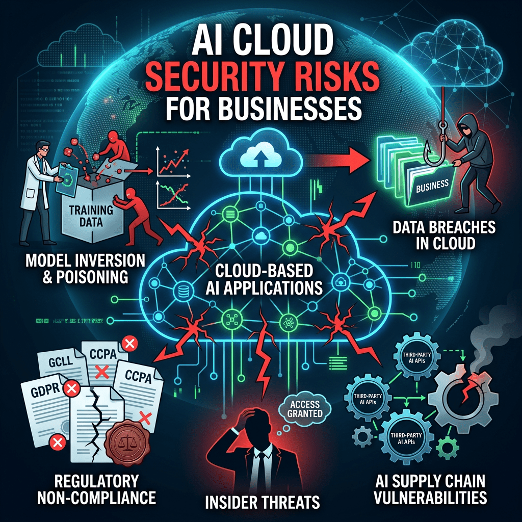 Diagram showing AI cloud security risks including model poisoning, data breaches, regulatory non-compliance, insider threats, and supply chain vulnerabilities