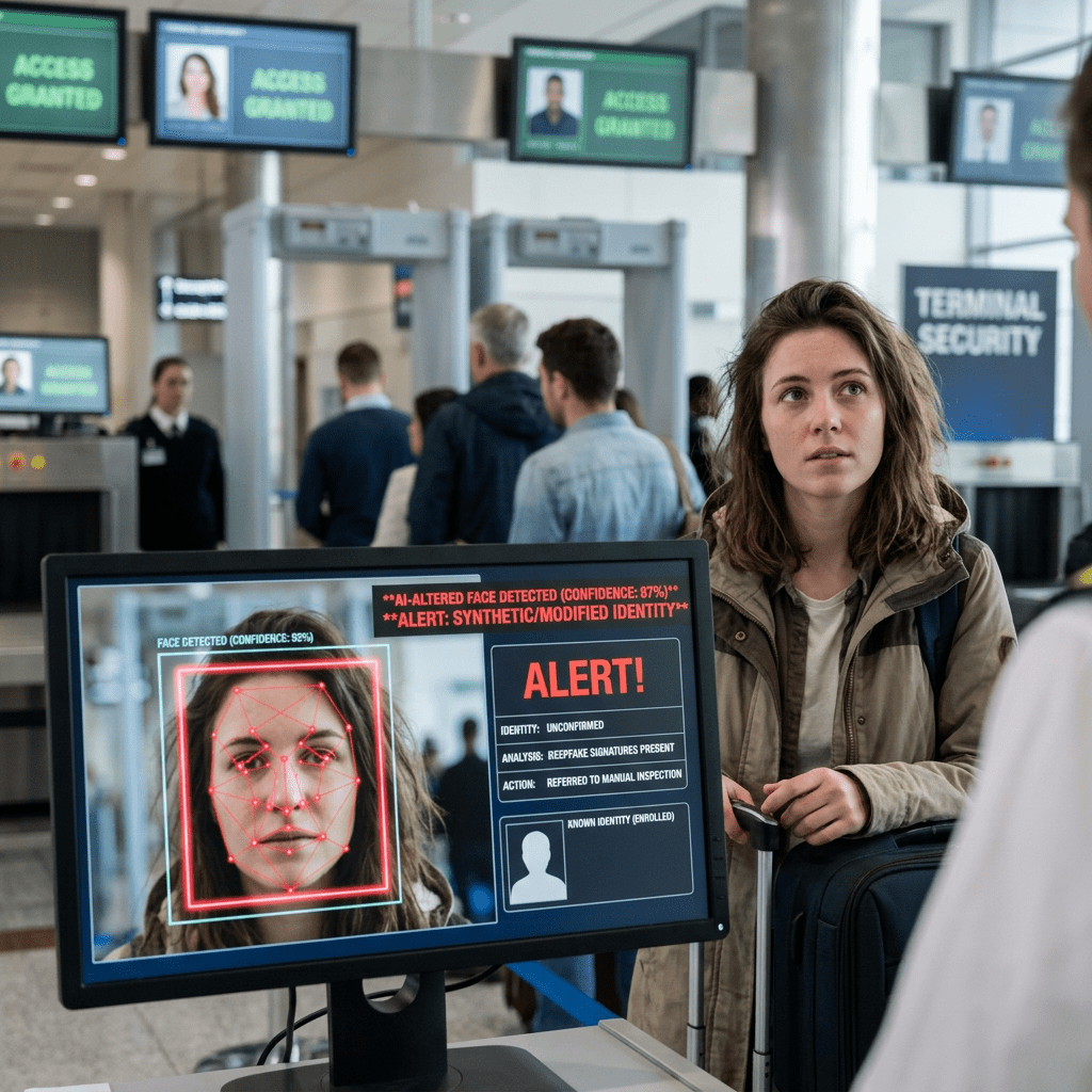 Facial recognition system alerting synthetic identity on a woman's face at airport security