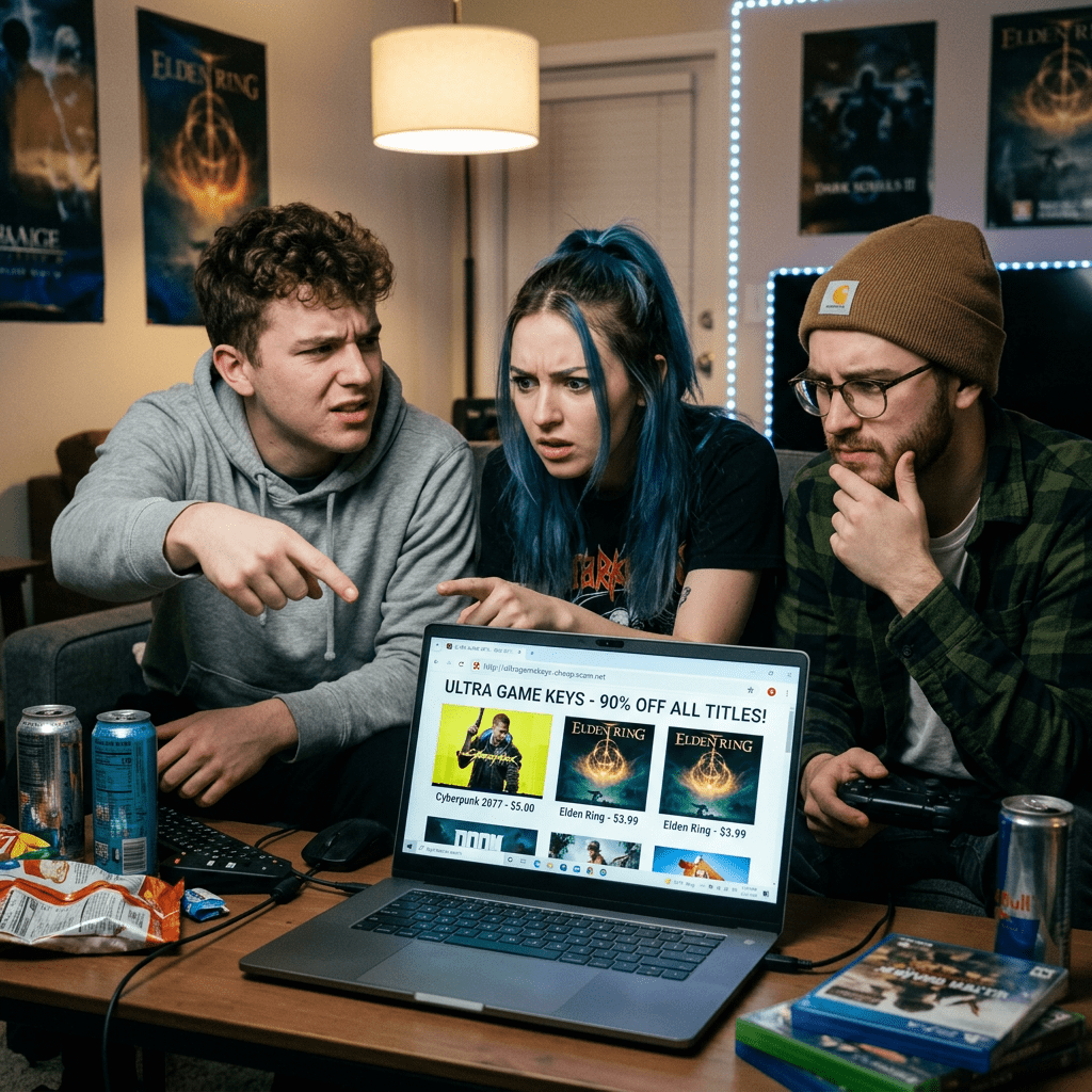 Three young adults looking concerned at a laptop screen displaying discounted game keys