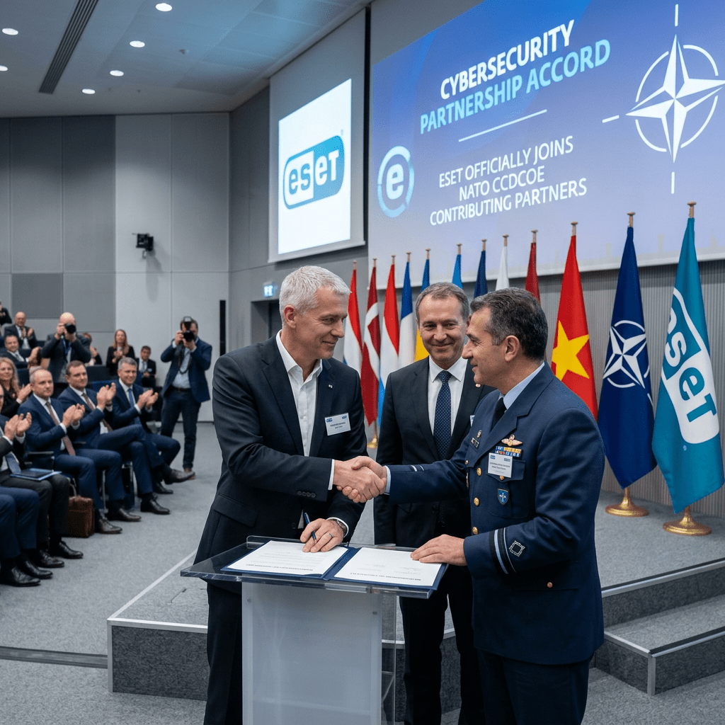 Two men shaking hands over signed documents at cybersecurity partnership event