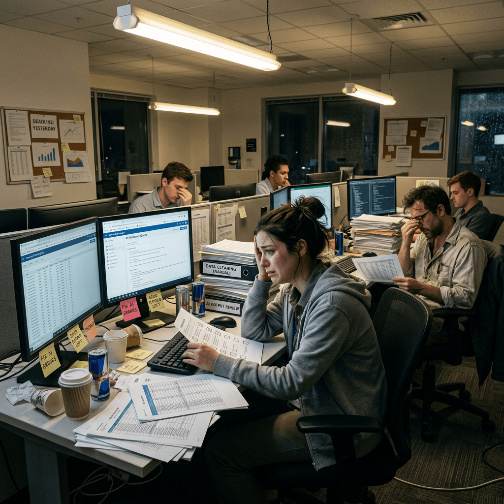 Office workers looking stressed at cluttered desks with multiple computer screens and paperwork