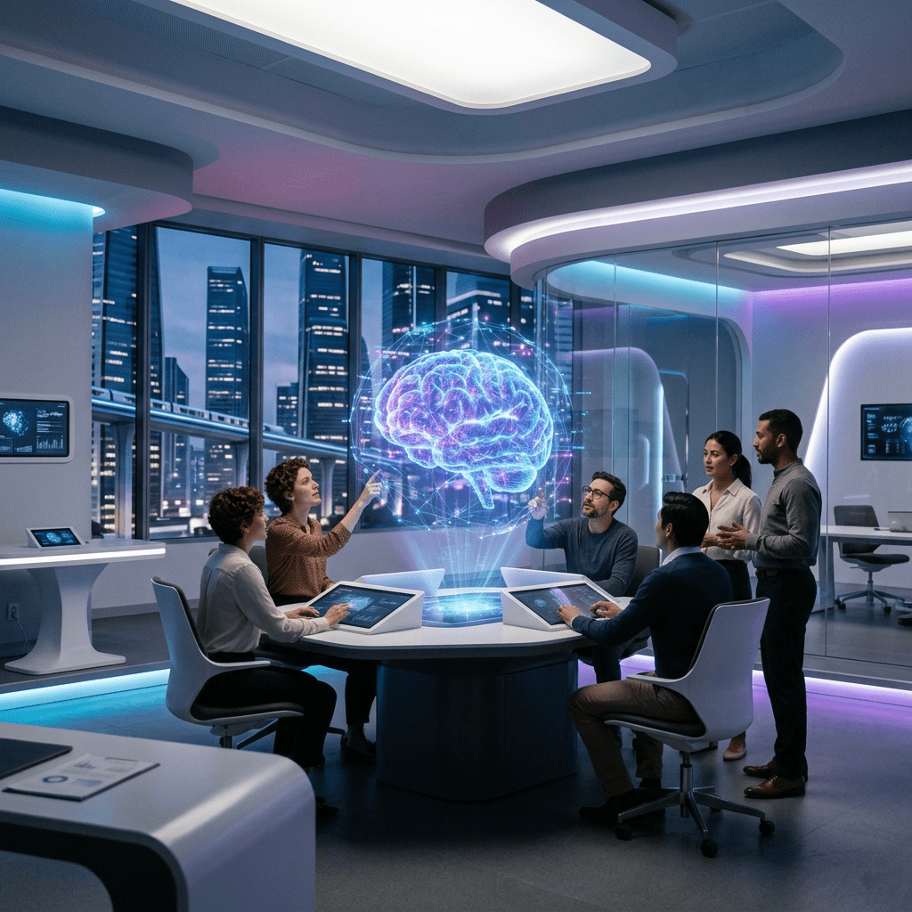 Five professionals discussing around a table with a digital brain hologram projection