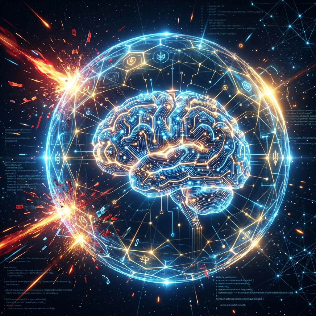 Glowing digital brain within a protective shield with sparks and explosions