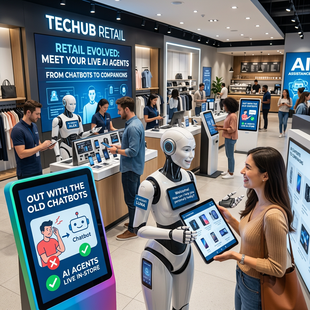 Customer using tablet with humanoid AI agent in a modern retail store