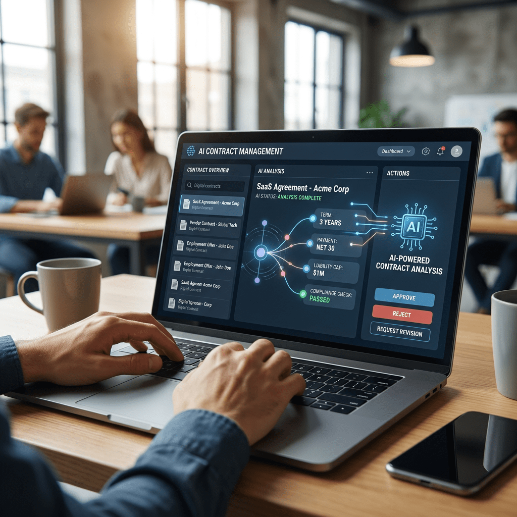 Laptop screen showing AI contract management dashboard with contract details and action buttons