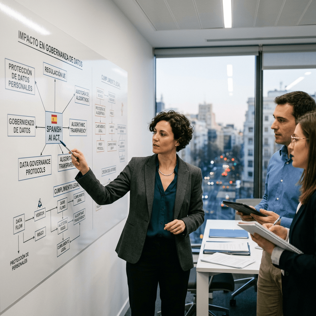 Woman presenting flowchart on Spanish AI Act and data governance to two colleagues