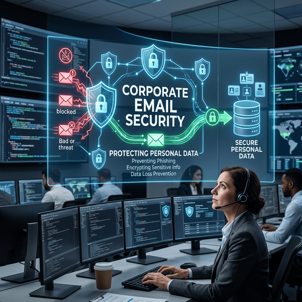 Cybersecurity team in operations center monitoring corporate email security system