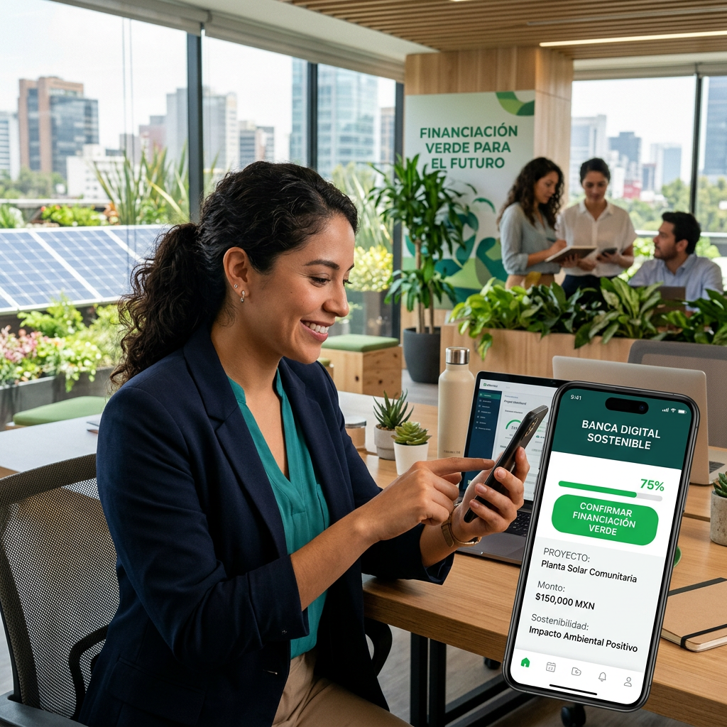 Woman using mobile app to confirm green financing for community solar project