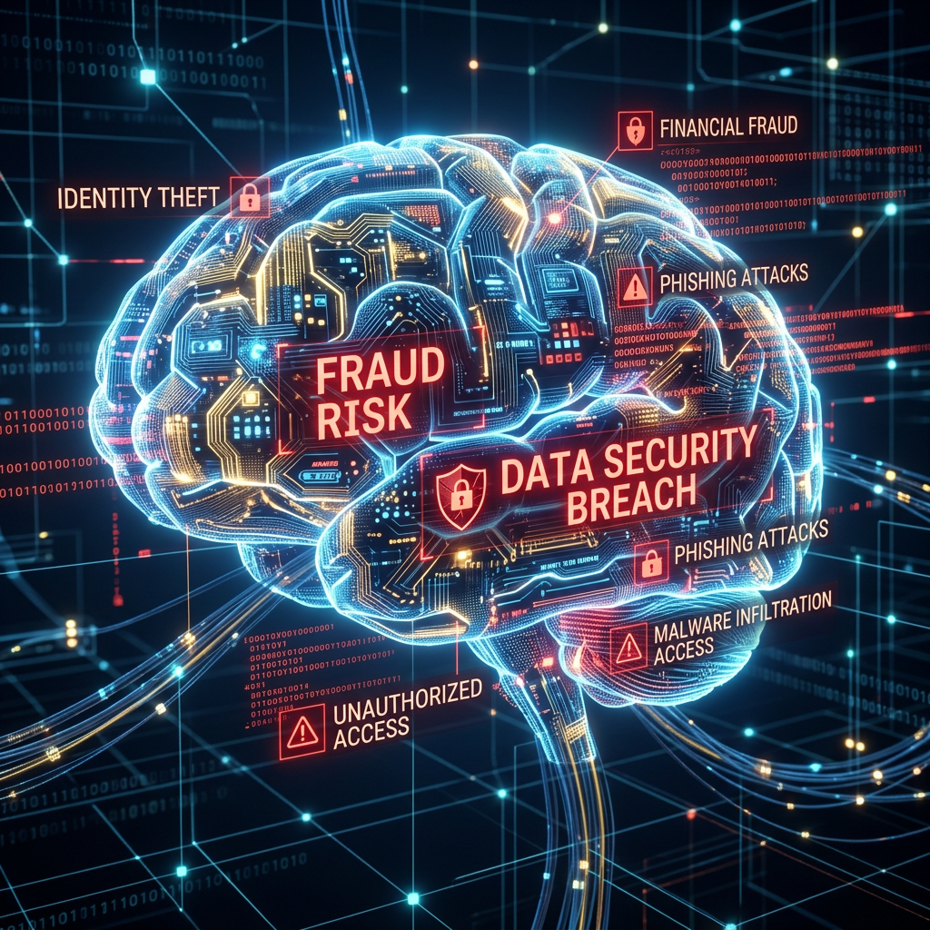 Digital brain with highlighted cybersecurity risks including fraud risk, data security breach, identity theft, phishing attacks, unauthorized access, and malware infiltration