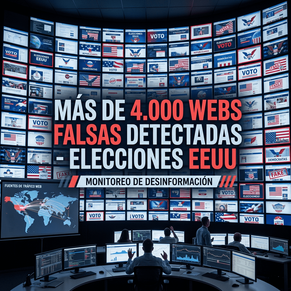 Control room with multiple screens showing fake US election websites and world traffic sources map