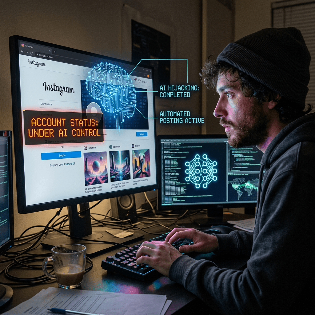 Person using computer showing Instagram login with AI hijacking notification and coding screens