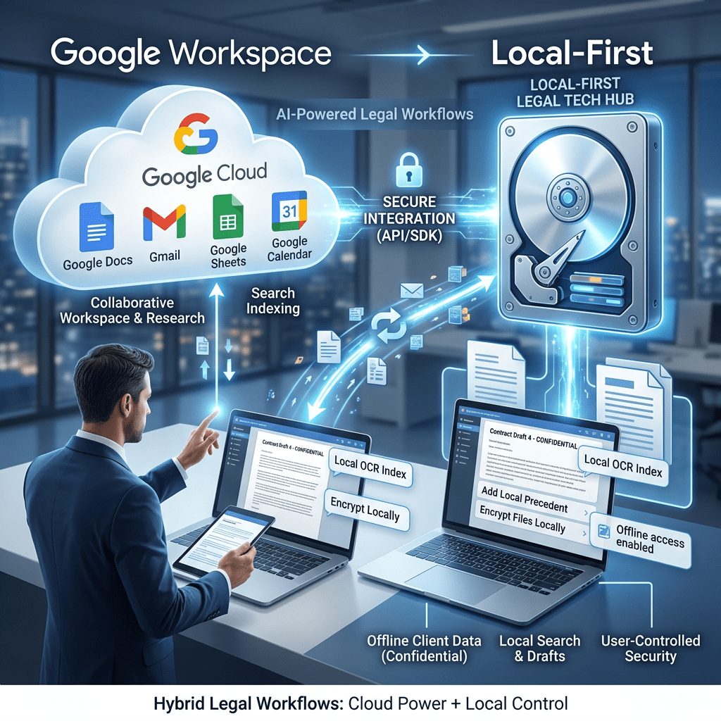 Interactive diagram showing integration of Google Workspace apps with a local legal tech system for secure offline legal workflows