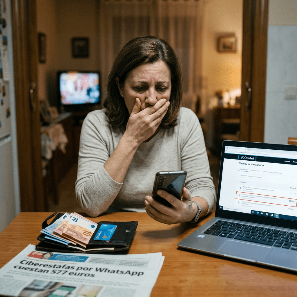 Woman looking shocked checking phone with laptop showing transaction and newspaper headline about WhatsApp cyber scams.