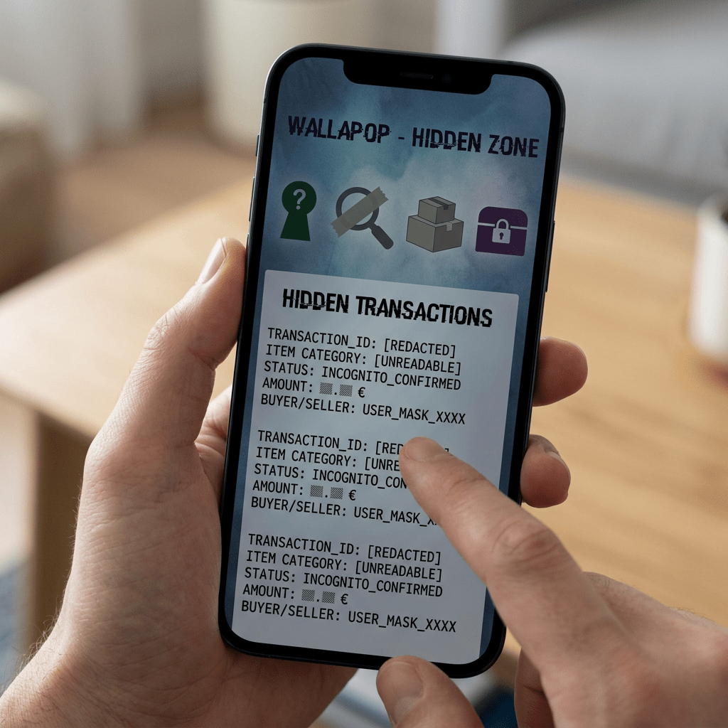 Smartphone screen showing 'WALLAPOP - HIDDEN ZONE' with a list of redacted transaction details