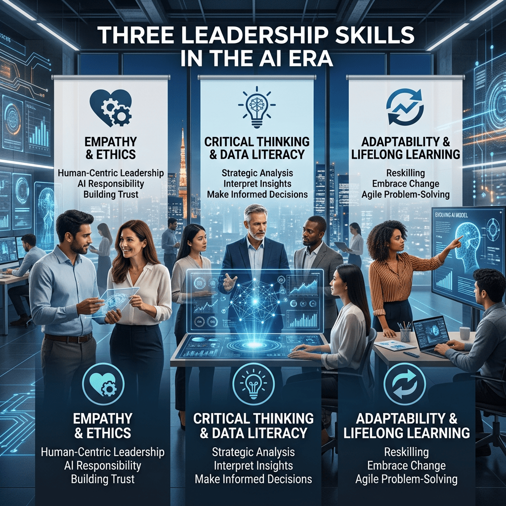 Three leadership skills: Empathy & Ethics, Critical Thinking & Data Literacy, Adaptability & Lifelong Learning, with people collaborating in a high-tech office.