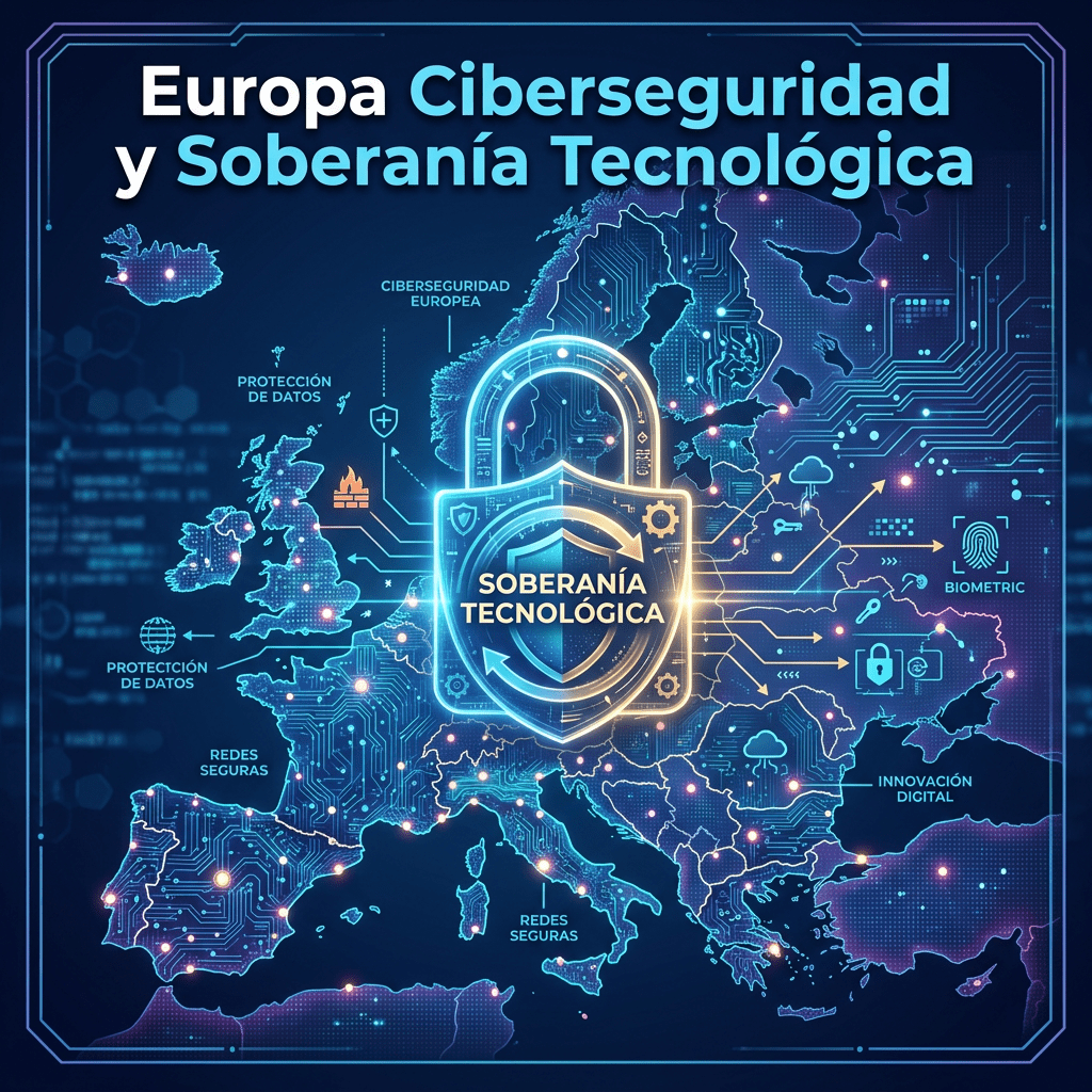 Map of Europe with cybersecurity icons and a central lock symbol labeled Soberanía Tecnológica