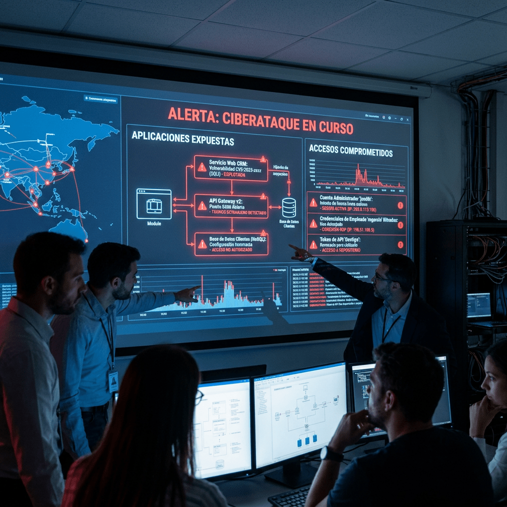 Team of cybersecurity experts reviewing a cyberattack alert and compromised access data on a large monitor