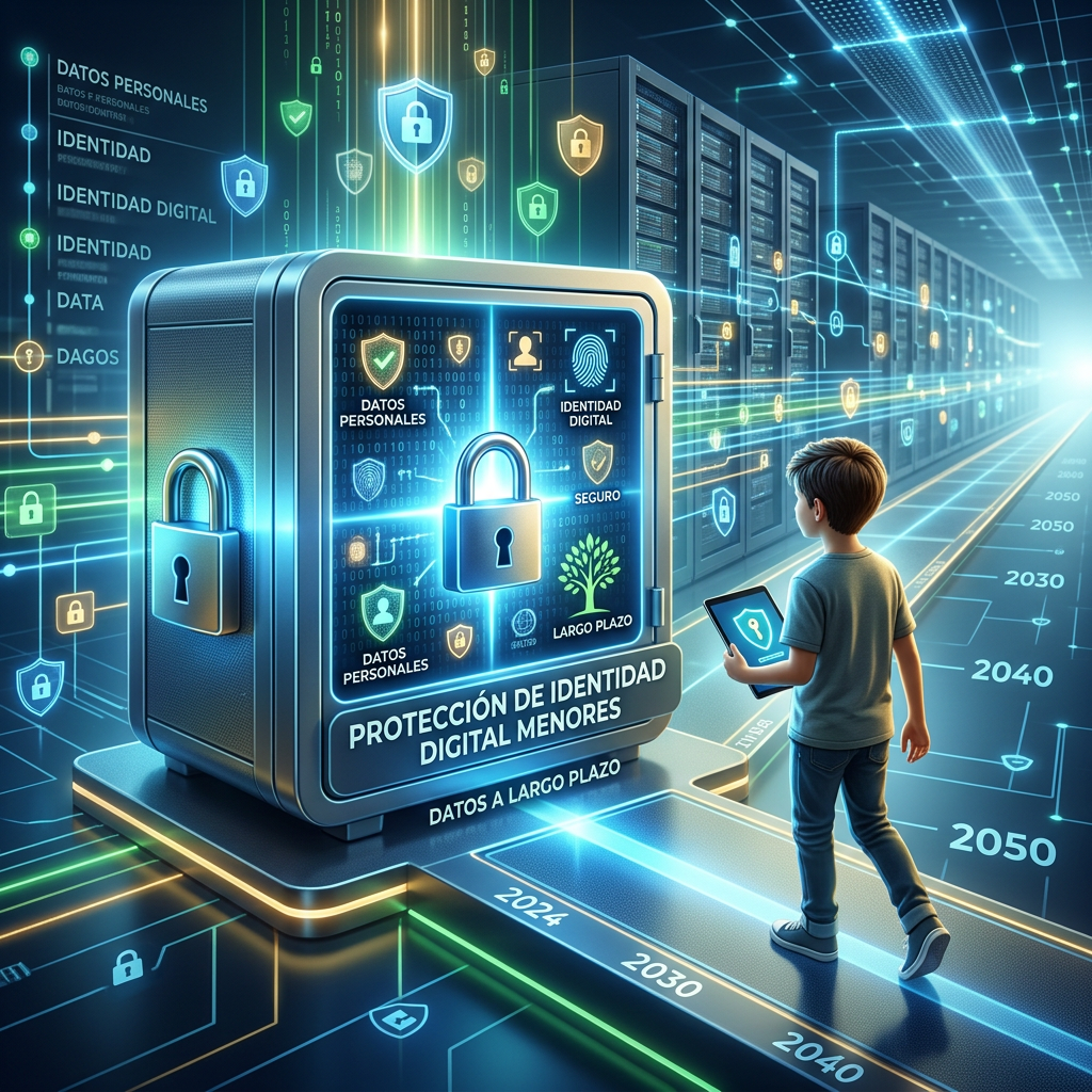 Child using tablet in digital identity protection environment with secure data and locks
