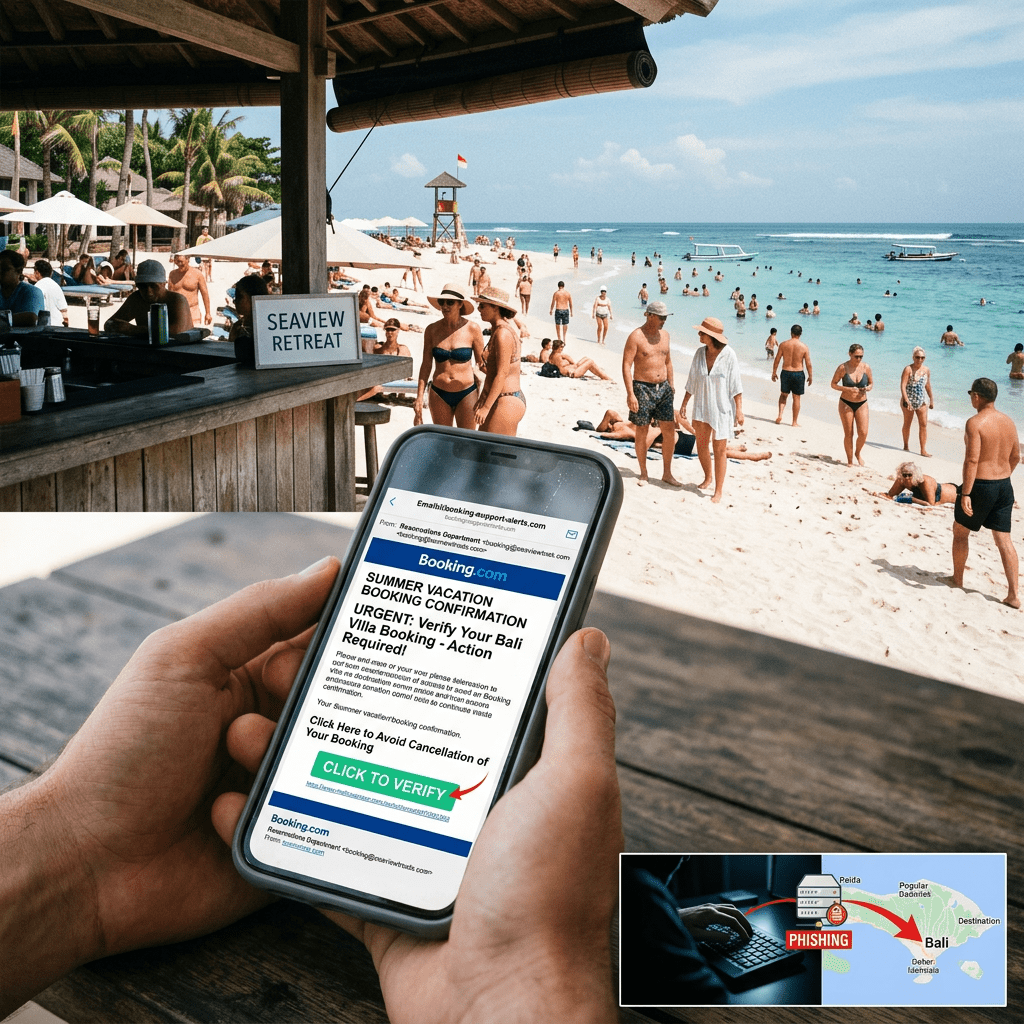 Smartphone displaying a phishing email about Bali vacation booking near a crowded beach
