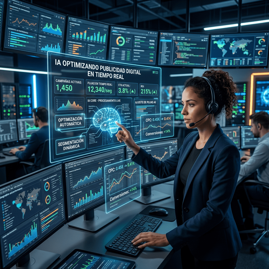 Woman managing AI-based digital advertising metrics and charts in a tech control room