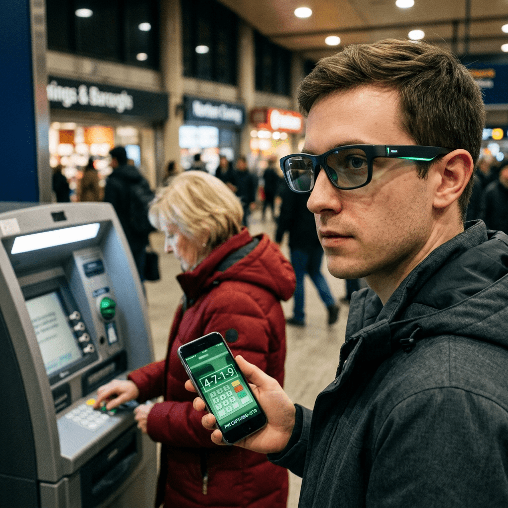 Man holding smartphone showing PIN code capture app near a woman using an ATM