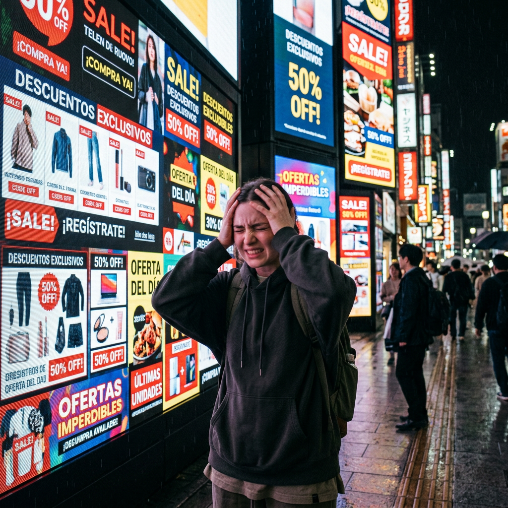 Young person holding head in frustration amid brightly lit sale ads