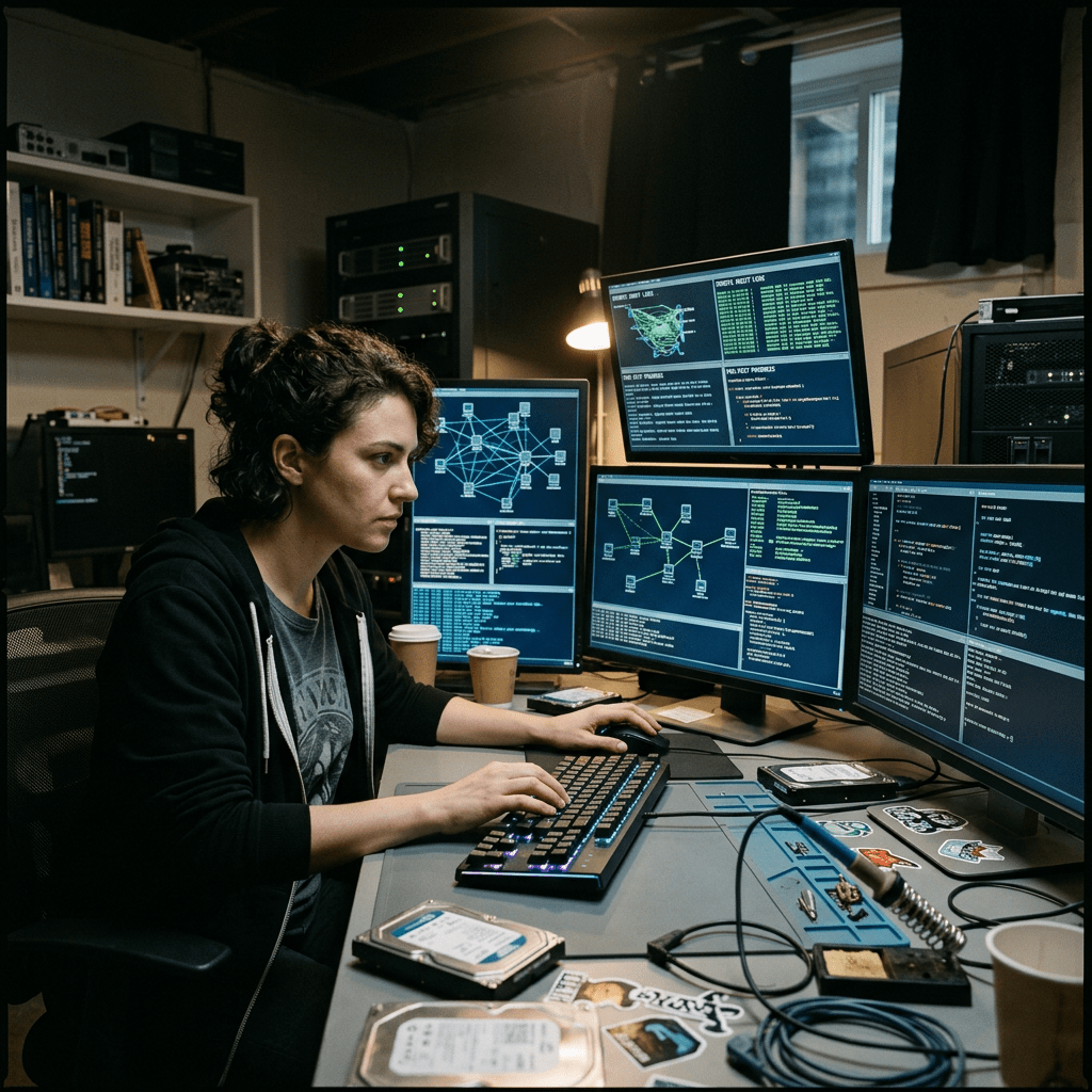 Person working at desk with multiple monitors displaying network diagrams and code