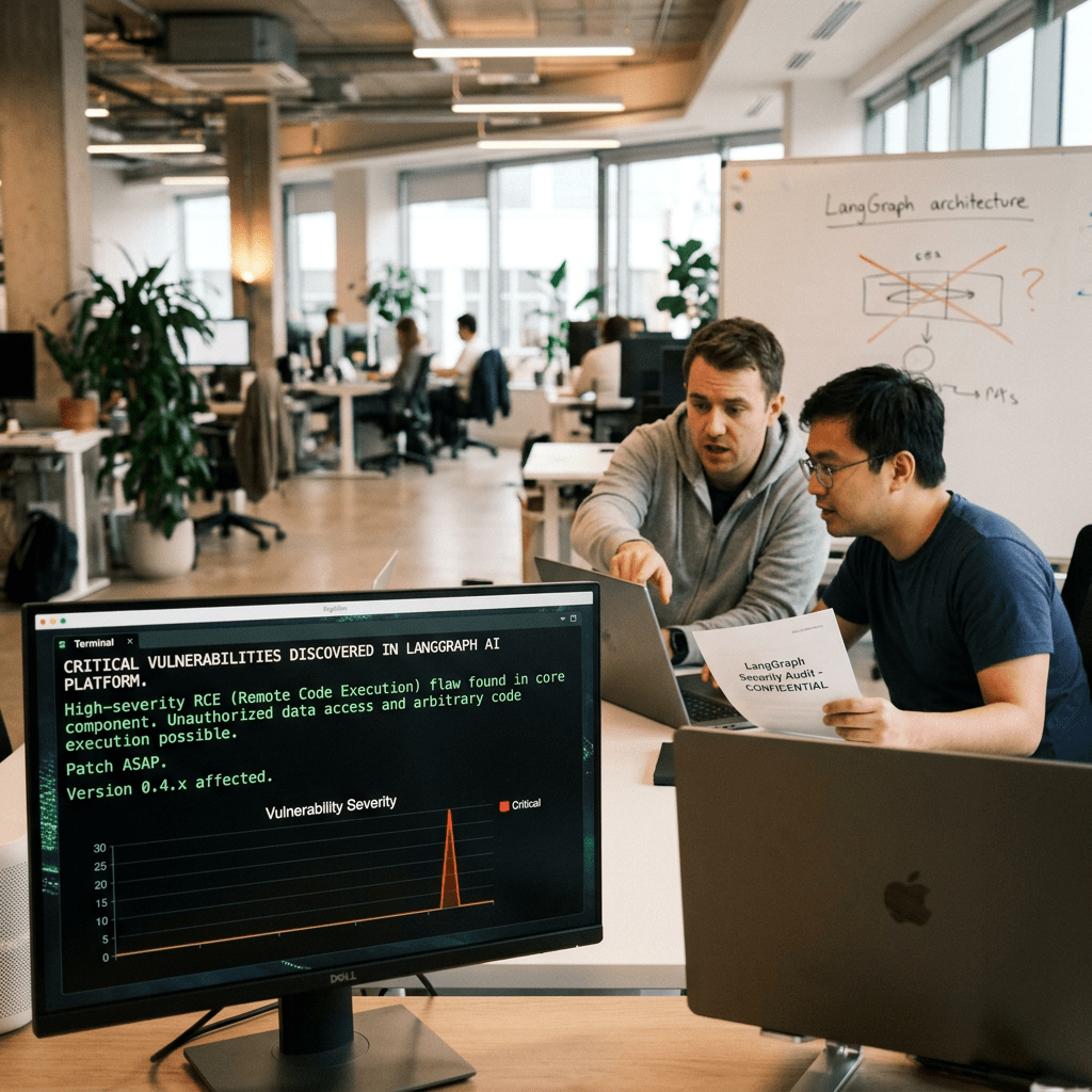 Two men analyzing critical vulnerability report on laptops with a graph on monitor