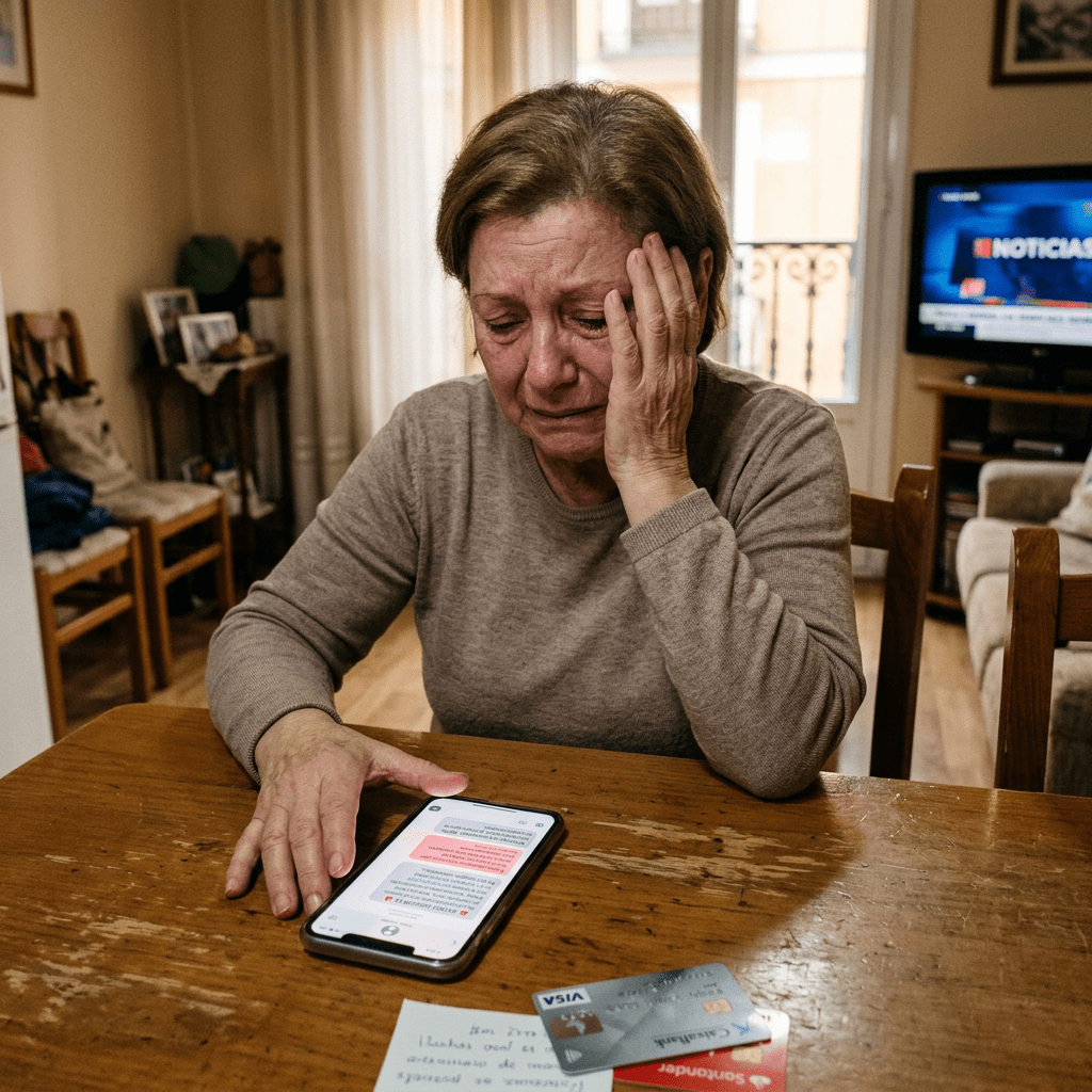 Older woman upset looking at phone with scam text message and credit cards on table