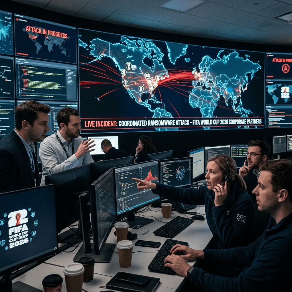 Team of cybersecurity analysts working at computers with global attack map showing ransomware targeting FIFA World Cup 2026 partners