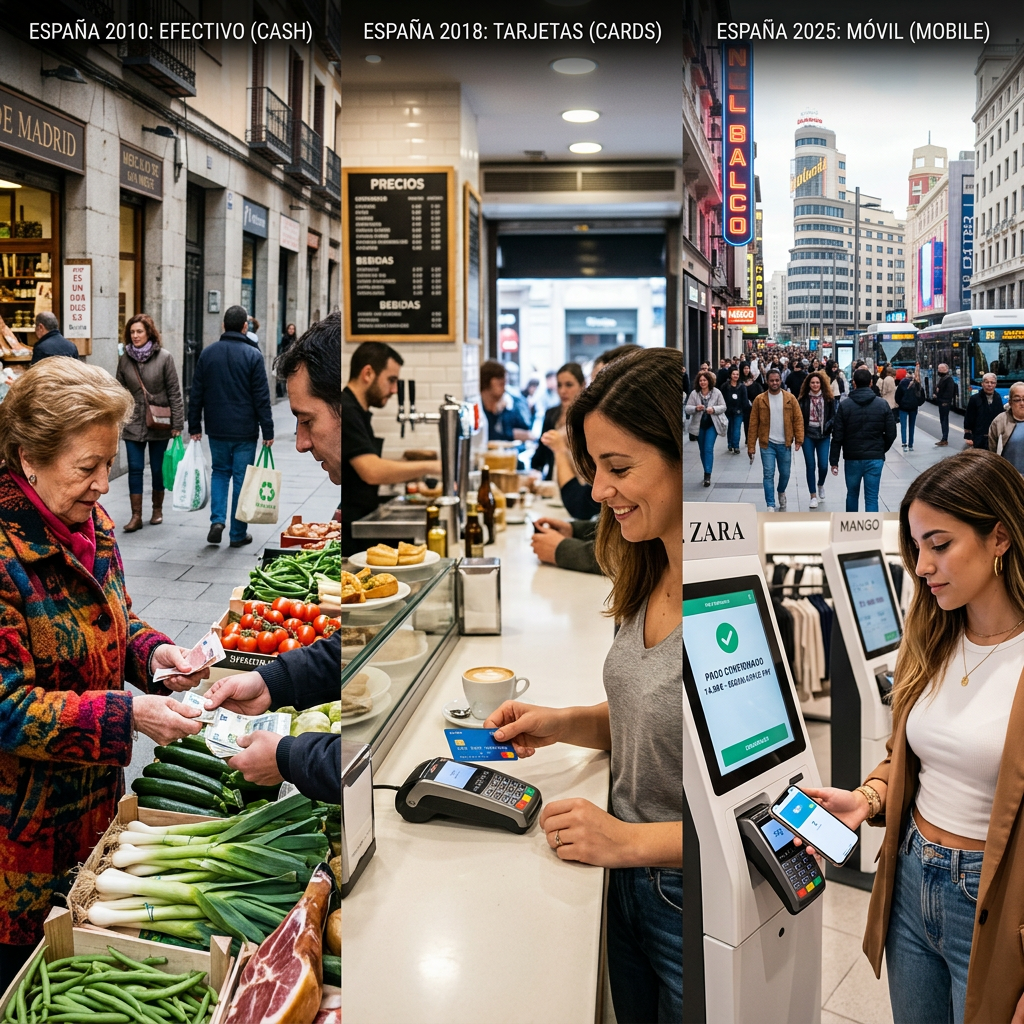 Three images showing payment methods in Spain: cash purchase at market in 2010, card payment at cafe in 2018, mobile payment at store kiosk in 2025