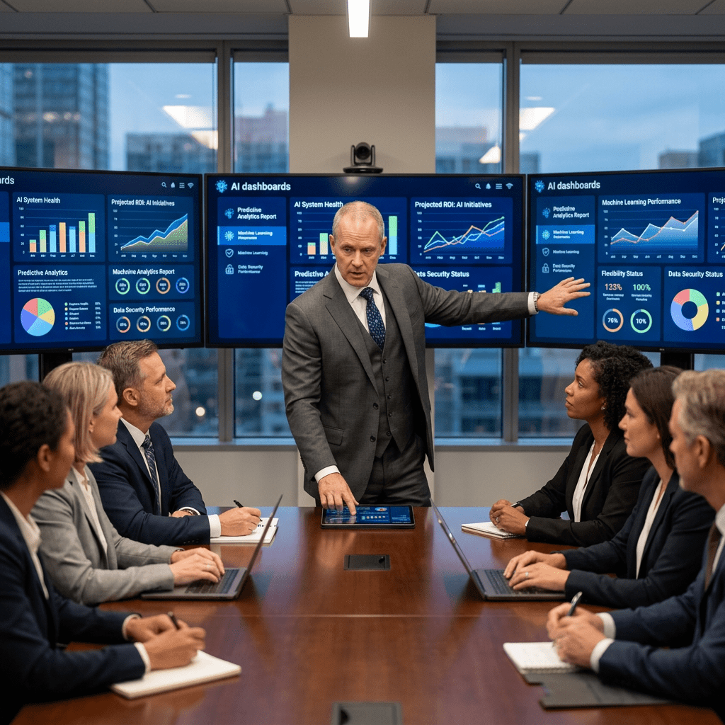 Business meeting with presenter explaining AI and machine learning dashboards