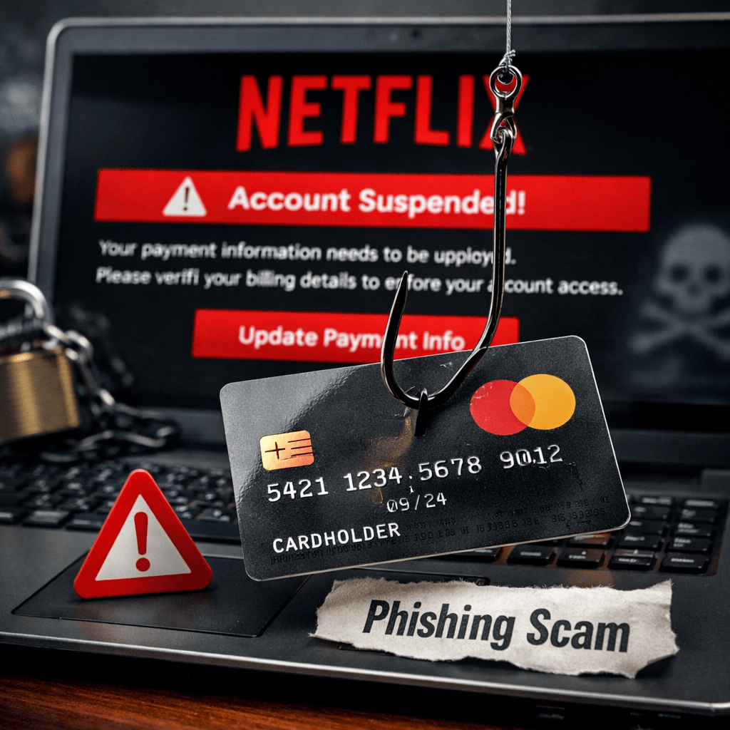 Credit card hooked with fishing hook in front of Netflix account suspension warning screen